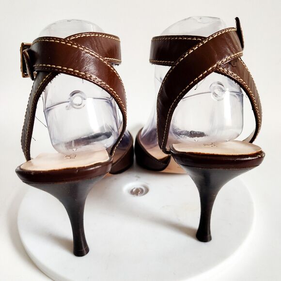 Y2K 90s Anne Klein Heels Size 9 Brown Leather Pointy Toe Ankle Strap 3" Stiletto - Picture 4 of 12